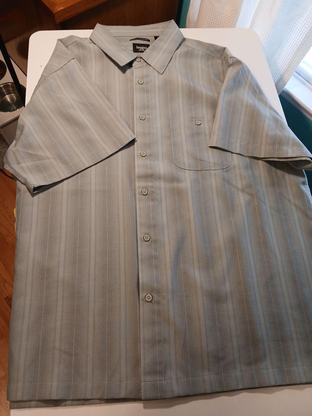 Haggar Men's Short-Sleeve Button-Down Shirt in Light Blue and Gray Stripe